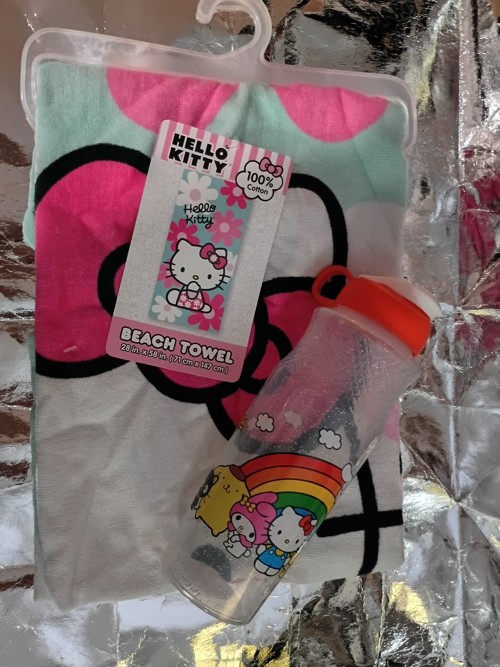 Hello Kitty Floral Beach Towel Tag And Water Bottle